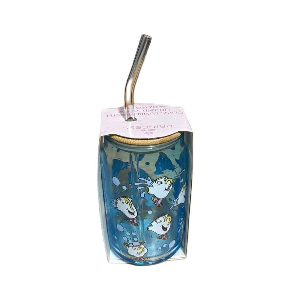 Disney Blue Chip Glass Tumbler with Metal Straw NEW Beauty and the Beast Belle